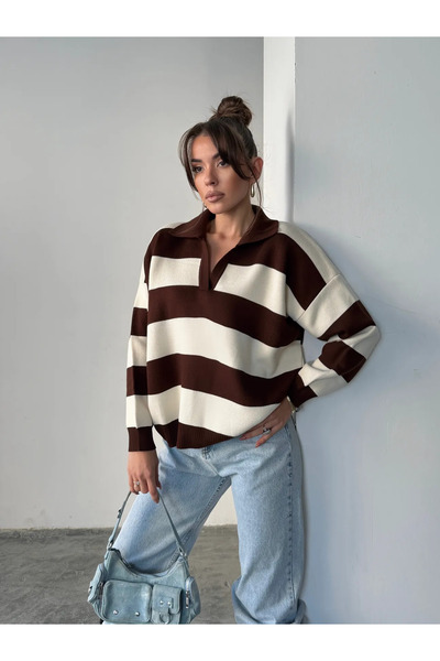 Jose Clothing Pulover de damă oversize cu dungi - decolteu, croială normală