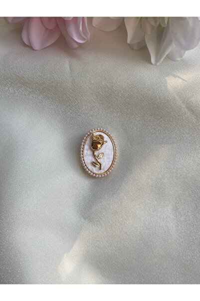giez Vintage Tarz Sedefli Gold Gül Broş