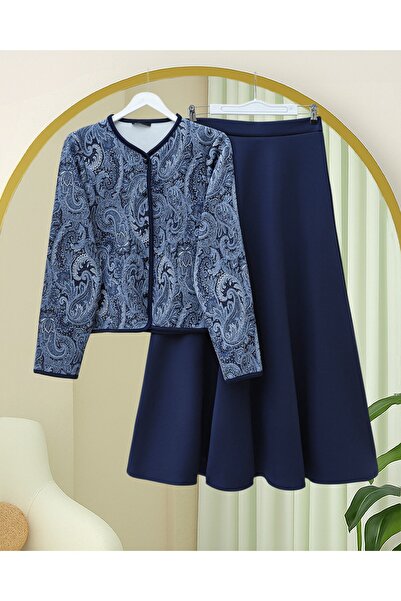 Modamorfo Ethnic Patterned Ball Button Scuba Suit - Navy