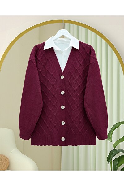 Modamorfo V-Neck Large Button Patterned Knitwear Cardigan - Burgundy