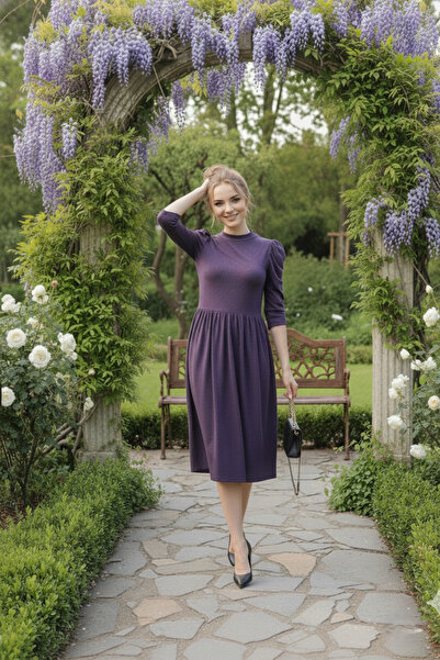 Avones Πλεκτό μάλλινο φόρεμα βισκόζης με μπαλόνι μανίκι μέσης μωβ