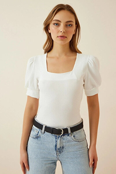 comstar Women's Short Sleeve Square Neck Summer Basic Tight White Blouse