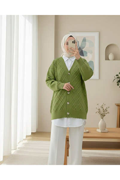 Modamorfo V-Neck Large Button Patterned Knitwear Cardigan -Khaki