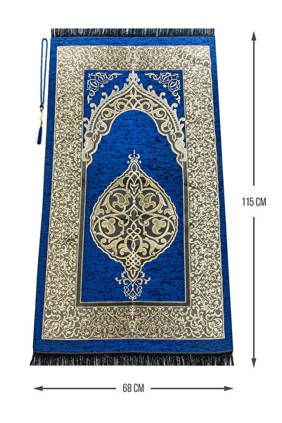 İhvan Синій розкішний османський шовковий килимок для молитви з чотками - з подарунком