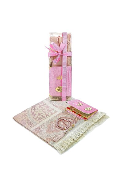 İhvan Anneler Gününe Özel Set İsim Baskılı Kadife Kaplı Yasin Seccade Tesbih Kutulu Pembe