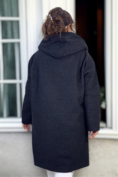 yagmurberen Hooded Bag Pocket with Zipper Large Size Curly Bouquet Coat