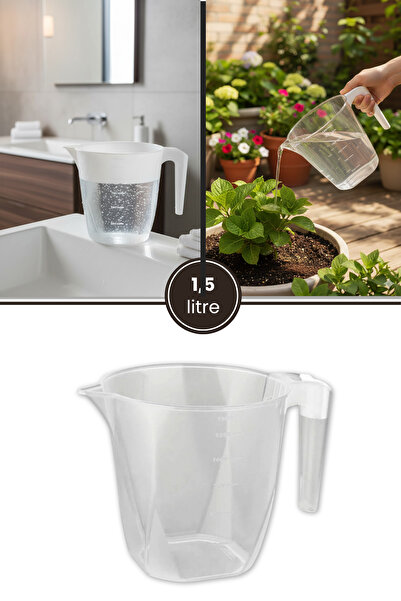 Flora Şeffaf Maşrapa 1,5 litre, Ölçülü Banyo Mutfak Bahçe Kamp Tası Su Kabı Maşrafa 1500ml