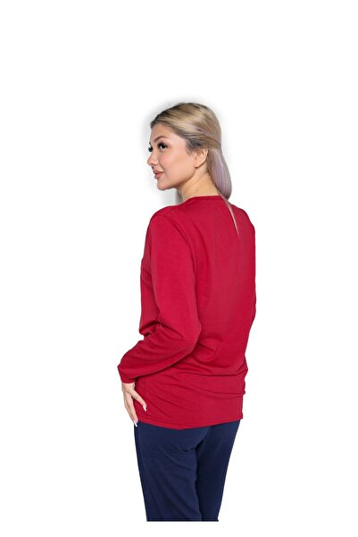 Akbeniz Claret Red Combed Cotton Pajama Set - Long Sleeve Women's 41110