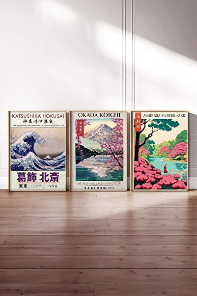 Taranist Kağıt Poster 3'lü Duvar Dekorasyonu Kalın Kuşe Dekoratif Hokusai Oka...