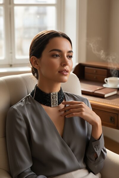 FAYRA ACCESSORIES Kristal Taşlı Hasır Dizim Oniks Taşlı Tasma Kolye