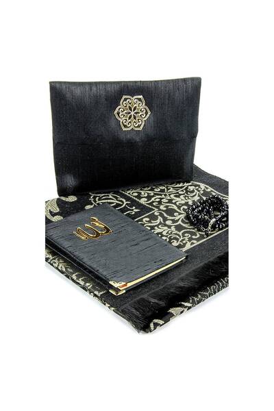 İhvan Prayer Rug and Rosary Set - Slub Covered Yasin - Black Color