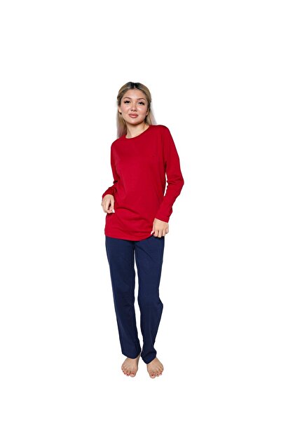 Akbeniz Claret Red Combed Cotton Pajama Set - Long Sleeve Women's 41110