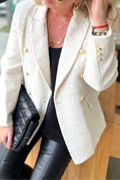 Suziş Жіночий білий твідовий блейзер з підкладкою, золотими ґудзиками та подвійним перехрещенням