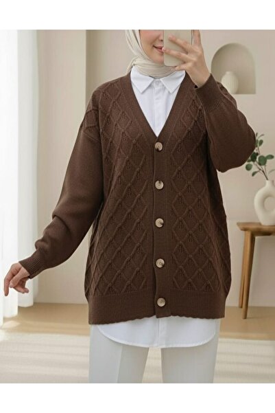 Modamorfo V-Neck Large Button Patterned Knit Cardigan - Brown