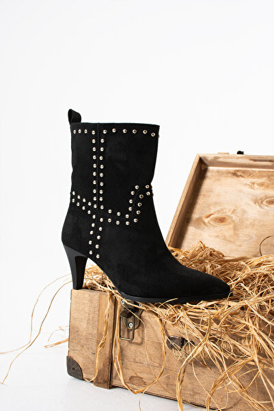 es exello Μπότες από μαύρο σουέτ με λεπτό τακούνι και λεπτομέρεια Trok