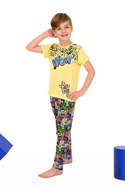 vitmo Set pijama cu mânecă scurtă pentru baieti model Wow galben