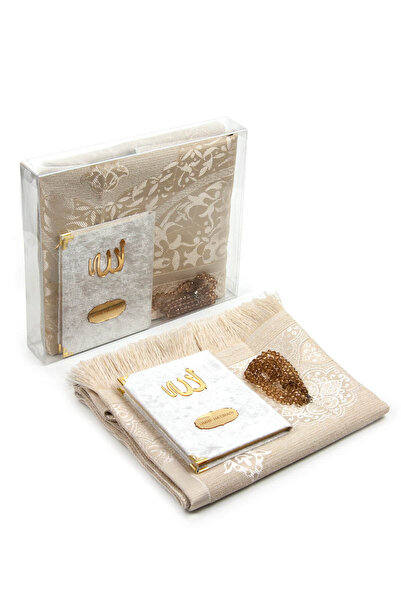 İhvan Kadife Yasin Kitabı Çanta Boy İsme Özel Plakalı Seccadeli Tesbihli Kutulu Beyaz