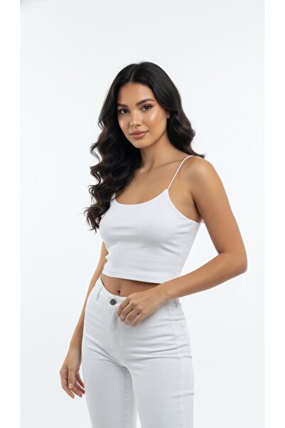 ACTRİS Beyaz Ip Askılı Crop Top Astarlı Büstiyer Bluz
