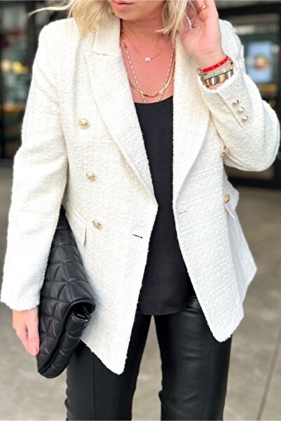 Suziş Жіночий білий твідовий блейзер з підкладкою, золотими ґудзиками та подвійним перехрещенням