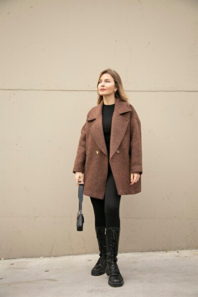 Sue Store Nadrozměrný kašmírový kabát hořký hnědý rybí záda