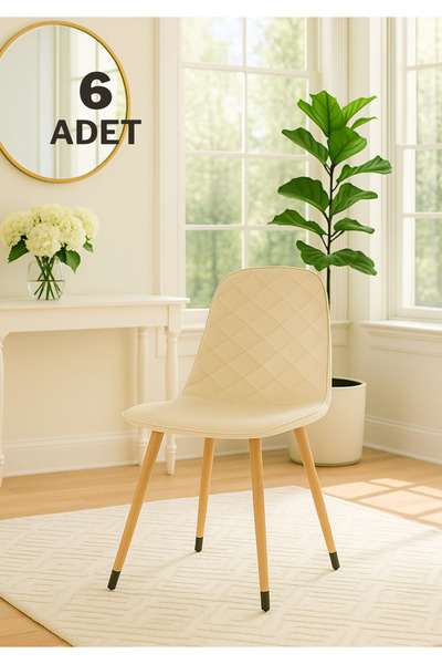 Estelia Truva Sandalye Doğal Ahşap Ayak / Krem 6'lı Takım Sandalye