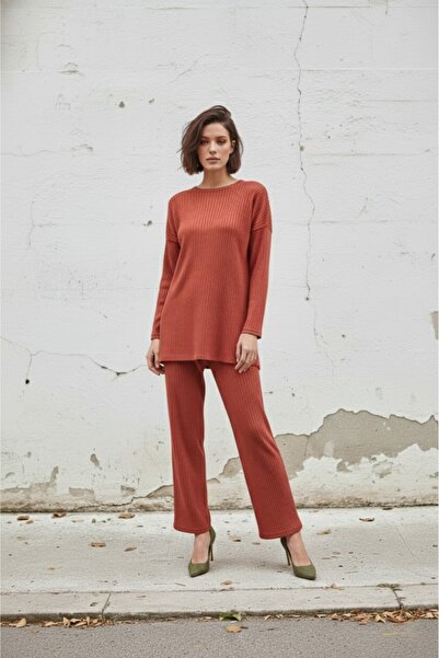 EYYE Tégla pamut bordázott női blúz nadrág kétrészes szett