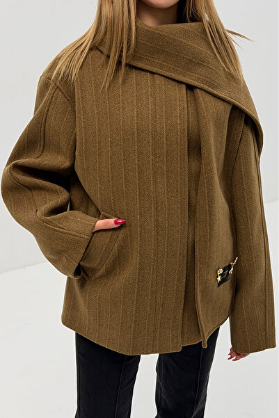 Narin Studios 2'si 1 Arada Çıkarılabilir Şallı Kahve Çizgili Fermuarlı Kaşe C...