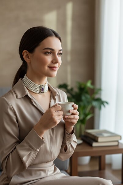 FAYRA ACCESSORIES Elmas Montür Kristal Taşlı İnci Tasma Kolye