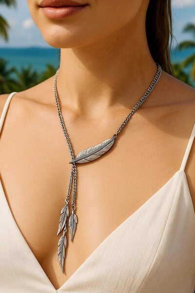 Fildişi Aksesuar Tüyler Şekilli Kadın Kolye Gümüş Kaplama El Yapımı Ayarlanab...