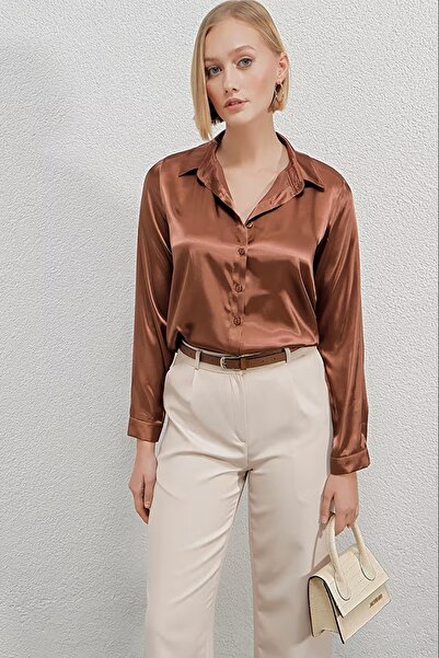 hazelin Women's Copper Lightly Draped Satin Surface Shirt Hzl22w-bd139641