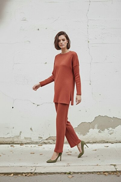 EYYE Tégla pamut bordázott női blúz nadrág kétrészes szett