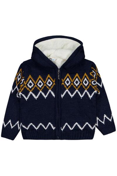 Civil Boys Ethnic Patterned Cardigan with Fleece Inside for Ages 2-5 - Navy B...