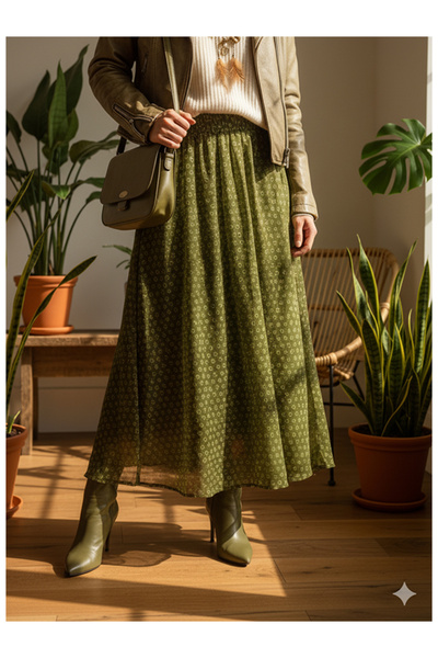 Namaste Vintage Khaki Print Asymmetric Model Long Chiffon Skirt with Elastic