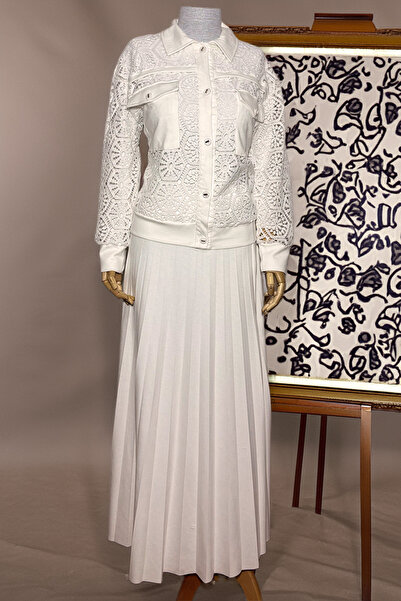 SZN Güpürlü Ceketli Piliseli Etek Ile Uzun Kol Içlikli 3'lü Beyaz Kombin