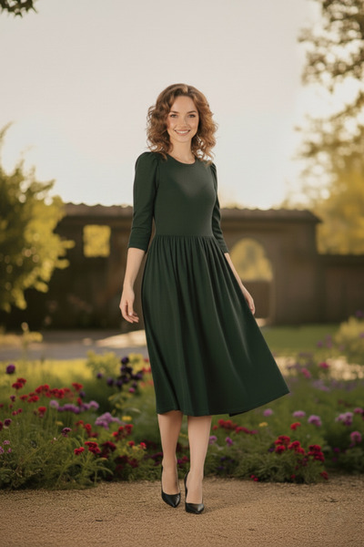 Avones Πλεκτό μάλλινο φόρεμα με μπαλόνι βισκόζης με κορδόνι στη μέση Χακί