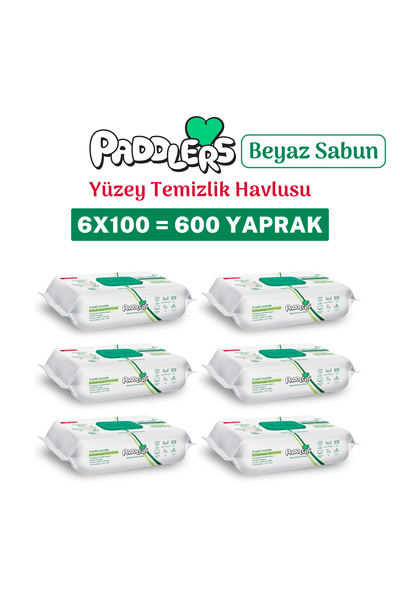 Paddlers Easy Clean Beyaz Sabun Katkılı Yüzey Temizlik Havlusu 6x100 (600 Yap...