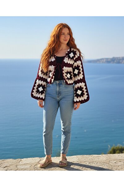 Artepieza co. Short Cut Cotton Yarn Motif Bolero Cardigan-Burgundy Black Crea...