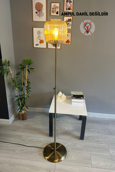 Bamyum Mopa Bal Rengi Cam Lambader Düz İnce Gövde Dekoratif Metal Oturma Odası Zemin Lambası