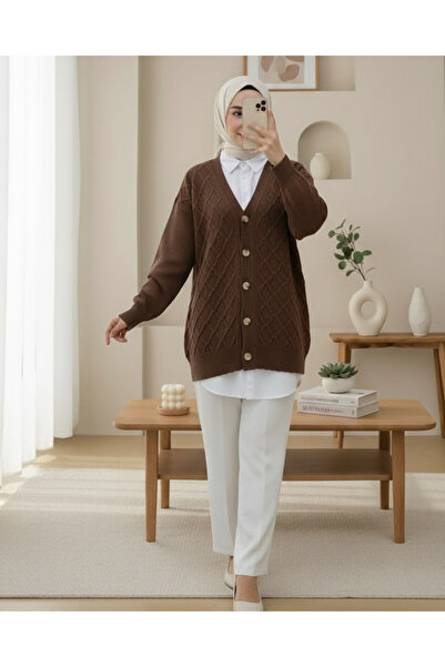 Modamorfo V-Neck Large Button Patterned Knit Cardigan - Brown