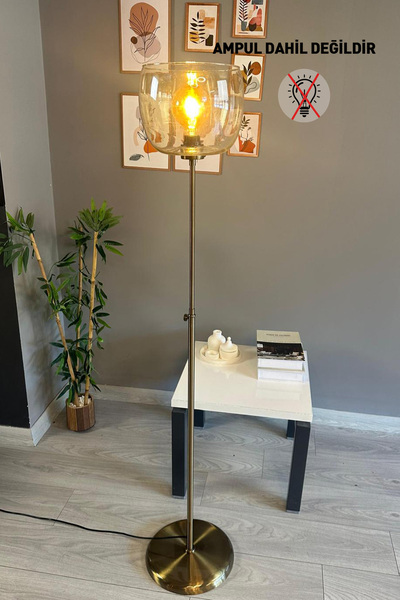 Bamyum Dijon Bal Rengi Cam Lambader Düz İnce Gövde Modern Dekoratif Metal Oturma Odası Zemin Lambası