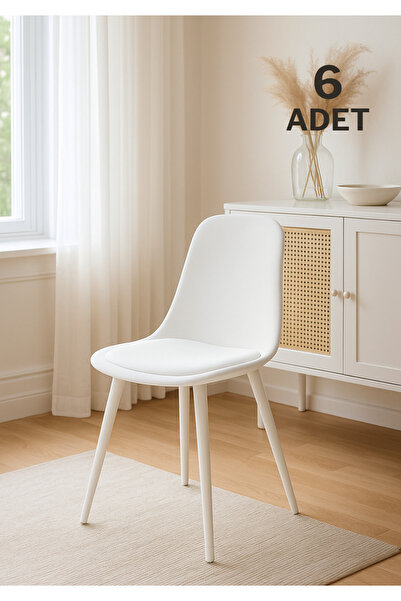 Estelia Abant Beyaz Ayak Plastik Beyaz Sandalye (Beyaz Minderli) 6 Adet