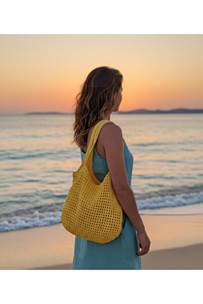 Artepieza co. Sarı El Örgüsü Rafya İp File Plaj Çantası 48x30-Handmade Yazlık...