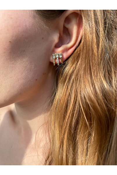 Hora Zirkon İşlemeli 3’lü Görünümlü Gold Çelik Küpe Çifti