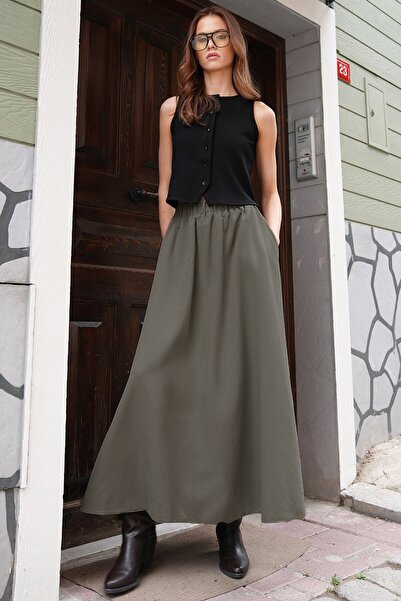 VAGGON Women's Khaki Elastic Waist Belt Detailed Double Pocket Midi Skirt Vs01210