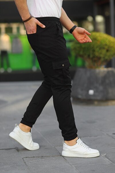 comstar Men's Elastic Waist Flexible Cargo Pocket Black Jogger Trousers