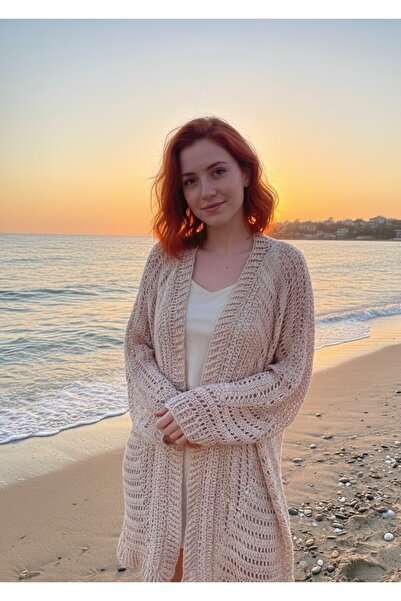 Artepieza co. Bambu İplik El Örgüsü Salaş Cardigan Hırka-Doğal Bambu Somon To...