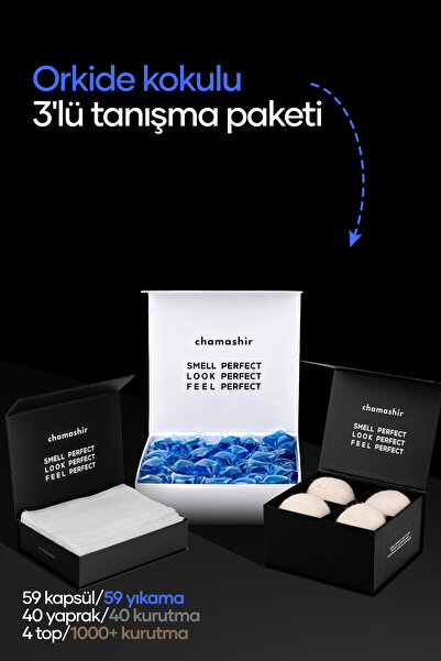 chamashir cleaning solutions 3'lü TANIŞMA PAKETİ - KAPSÜL ÇAMAŞIR DETERJANI ORKİDE KOKULU - KURUTMA MENDİLİ -YÜN KURUTMA TOPU