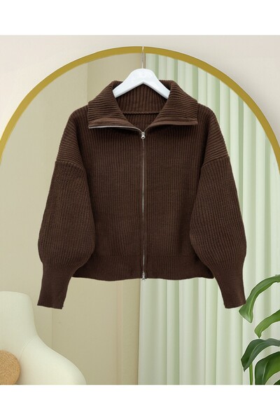 Modamorfo Half-Thigh Zippered Knit Cardigan - Brown