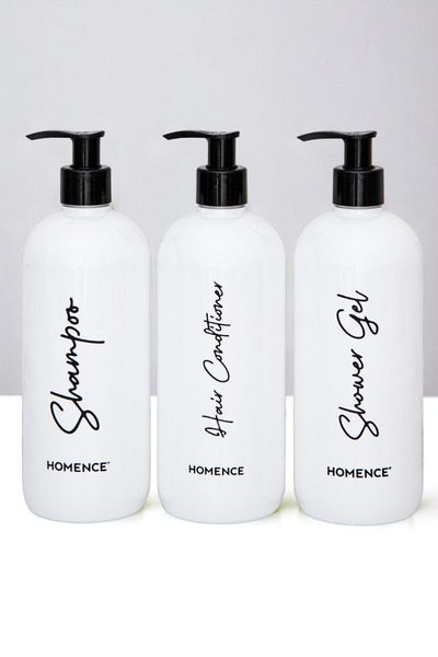 homence 3'lü Şampuan Duş Jeli Saç Kremi Baskılı Plastik Şişe Banyo Seti Beyaz Sabunluk 500 ml