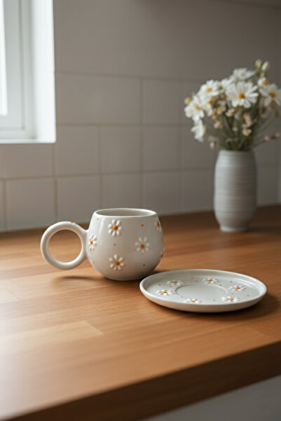 Papatya Kabartmalı Tekli Tabaklı El Yapımı Ece Kahve Çay Fincanı